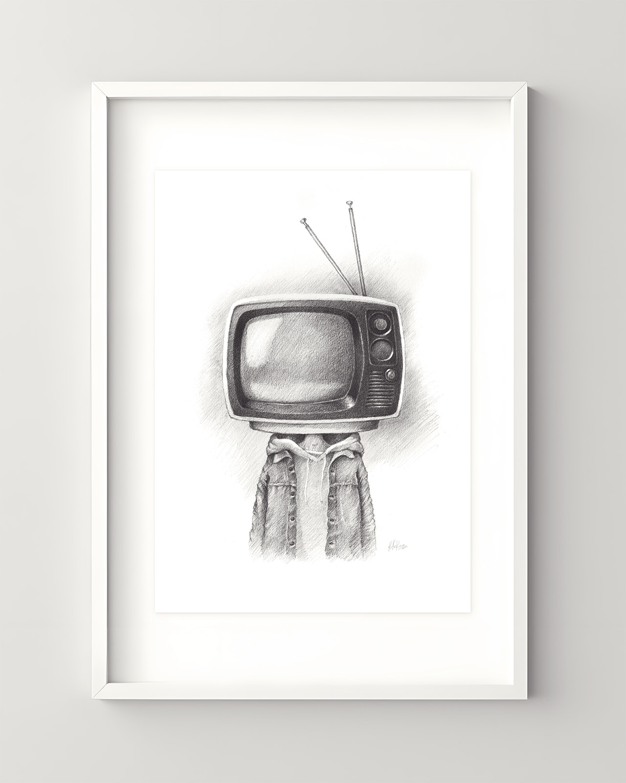 TVhead, dibujo en grafito sobre papel, por Kike Riesco