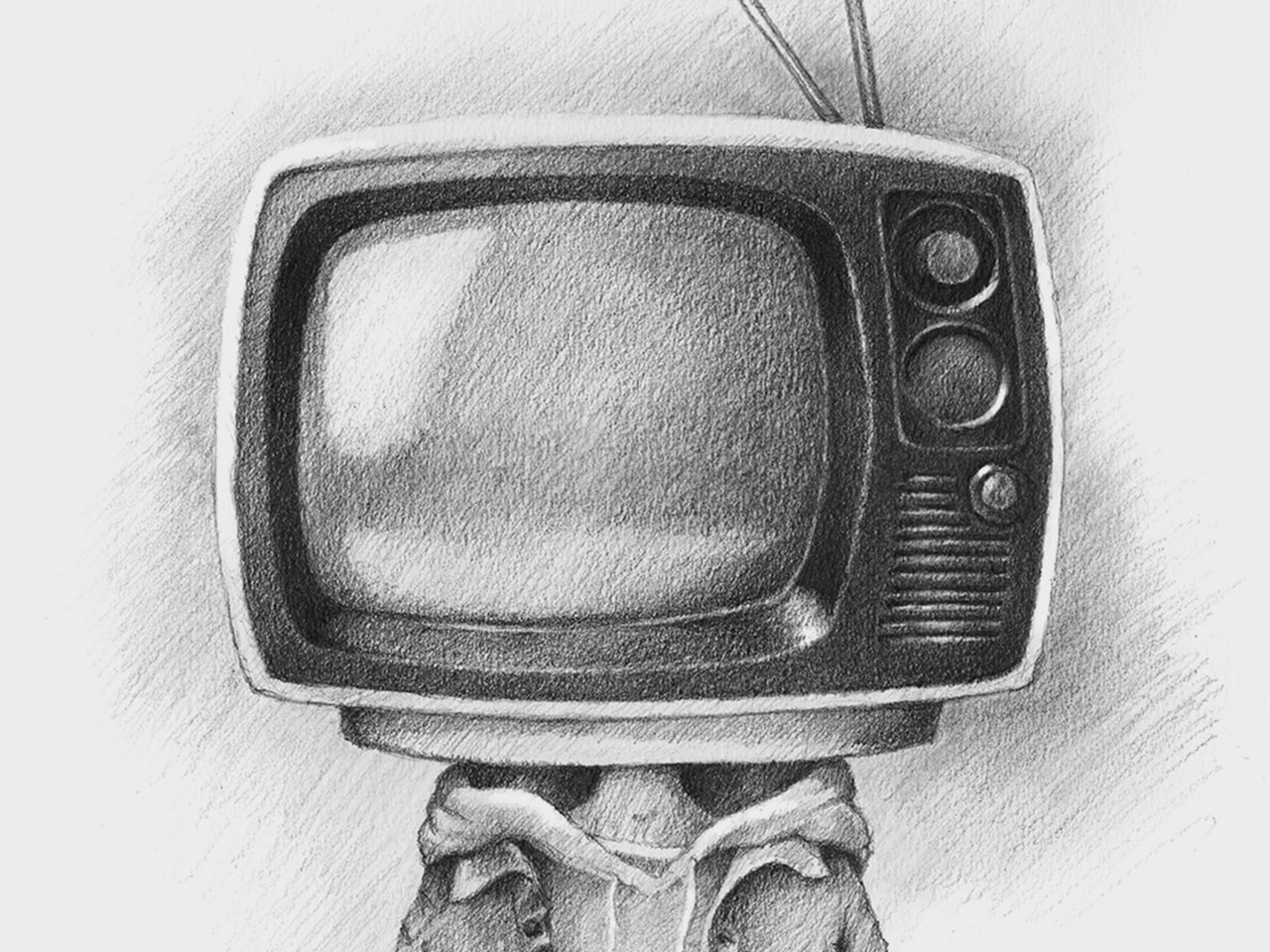 TVhead, dibujo en grafito sobre papel, por Kike Riesco